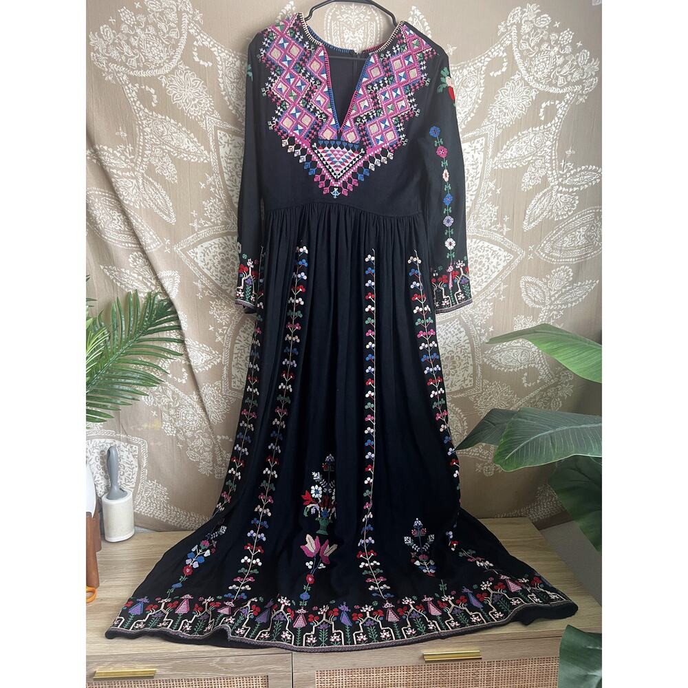 Ulla Johnson Irina Dress Black Folk Embroidered Silk Maxi Size 4 - Picture 4 of 14